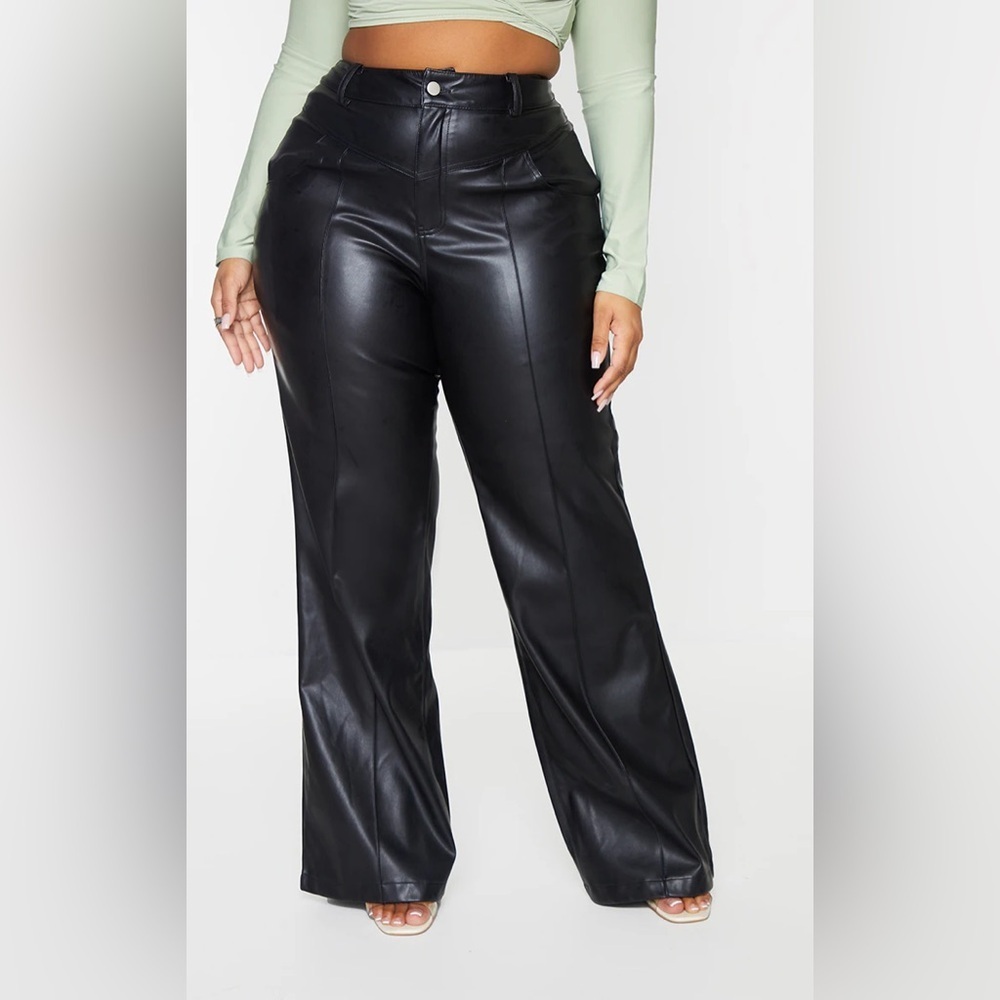 NWT PRETTYLITTLETHING Plus Faux Leather Seam Detail Wide Leg Trousers